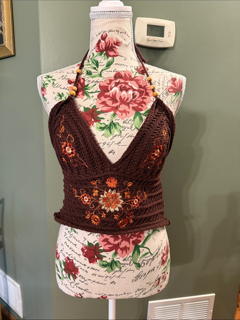 ROMWE Brown Crochet Halter Crop Top with Floral Embroidery